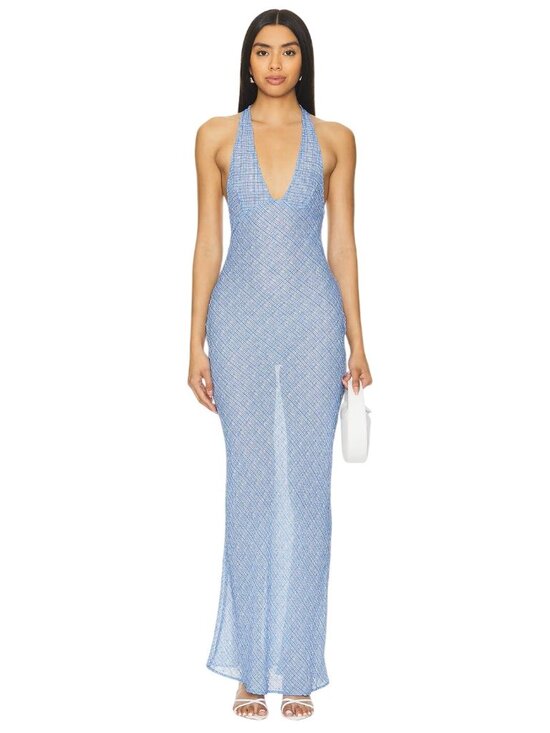 Lioness Dresses & Skirts - LIONESS Carrie Halter Dress in Blue Check Small New Womens Long maxi Gown